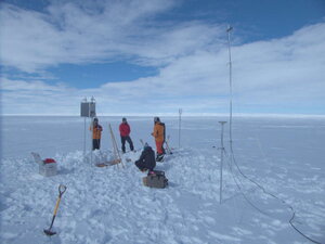 One of the many types of science is a long term glaciological experiment I got involved in. Here we're "raising" a remote GPS station that helps glaciologists to monitor the state of the ice shelf. Little did I realise how important this would become to our journey into winter!