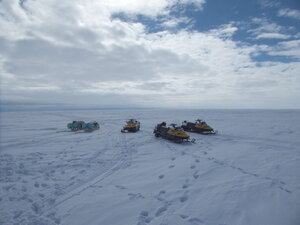 Travel on the ice shelf is well orchestrated: linked travel and preparations for emergency camp should we need it.